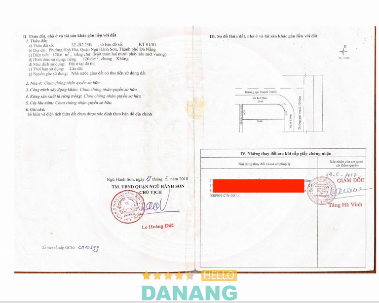 sổ đỏ Bán lô góc võ văn đồng bùi quốc khái ngũ hành sơn