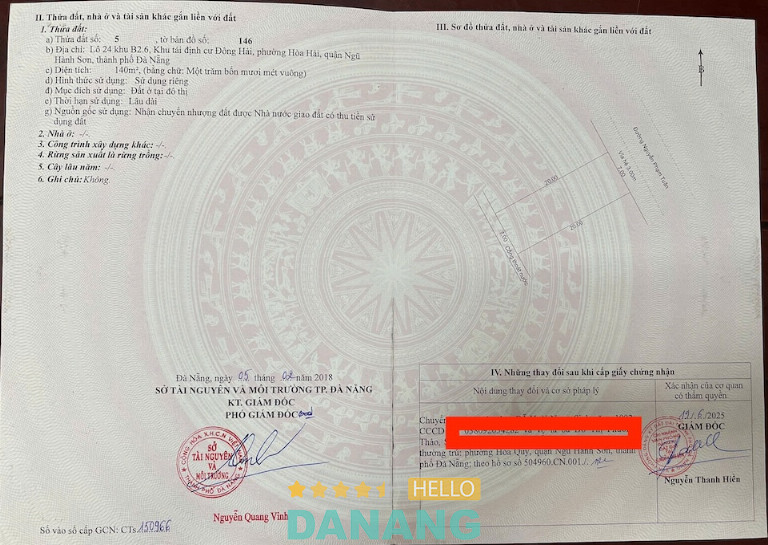 sổ đỏ lô đất nguyễn phạm tuân ngũ hành sơn